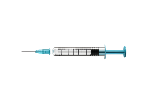 Medical syringe with clear barrel and blue plunger, used for injections and vaccinations. This essential tool is crucial in healthcare settings