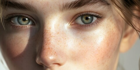 Obraz premium A close up view of a Caucasian woman with pale skin on her face, highlighting her light complexion in detail.