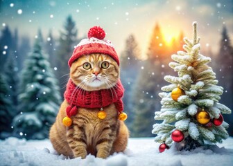 Adorable Christmas Cat in Knitted Hat and Scarf in Snowy Forest Setting for Holiday Product Photography