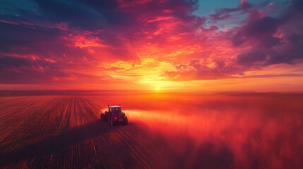 Fototapeta premium Tractor cultivates field under vibrant sunset sky