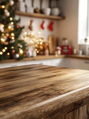 Festive kitchen countertop with wooden surface in focus, blurred background of Christmas...