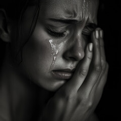 Fototapeta premium A devastated crying woman closeup covering her face with her hand with dark grunge background depression loss grief mental illness rage anger sadness concepts