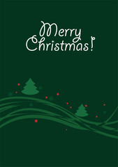 Christmas greeting card with stylized fir trees, snowflakes and red berries on green background