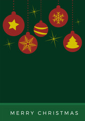 Christmas ornaments hanging with sparkling stars on green background