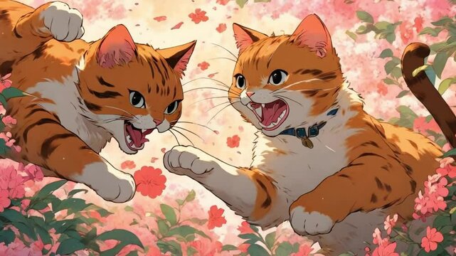 An illustration of two cats fighting with flowery background