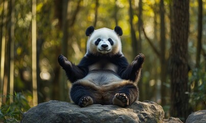 Fototapeta premium Panda sits in lotus pose on a rock.