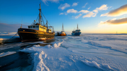 Fototapeta premium Fishing Boats in Icy Waters at Sunset