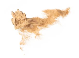 SandCastle fly over sand explosion as high risk and easy to collapse, uncertain house structure is fragile gambling of disaster metaphor, white background isolated