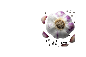 Fresh garlic bulb with purple stripes, surrounded by cloves and peppercorns, adds flavor and aroma to dishes. Perfect for culinary use and food photography