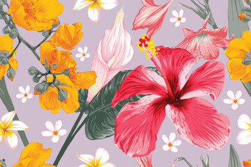 Floral pattern seamless with hibiscus anthurium flowers abstract background.Vector illustration hand drawing. For Fabric, textiles, clothing, cushion, curtain, wallpaper and pattern print design.