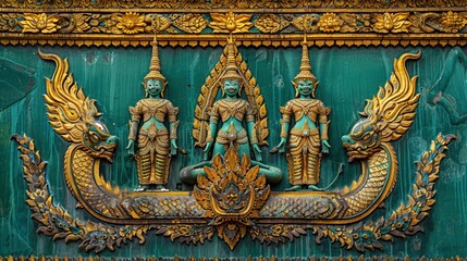 Fototapeta premium Intricate Relief of Three Celestial Beings and Mythical Creatures at Wat Phra Kaew, Bangkok