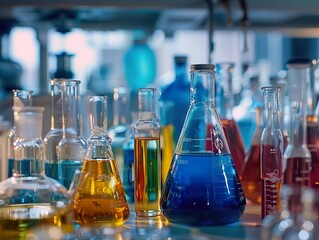 Colorful Chemical Solutions in Beakers and Flasks: A Glimpse into a Science Laboratory