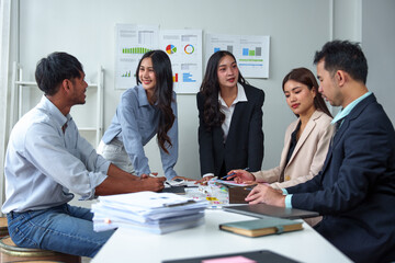 Group of business people, meeting, brainstorming, creative business Discuss financial business plans, planning, strategy, business development, working with real estate projects in the office.