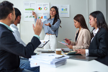Group of business people, meeting, brainstorming, creative business Discuss financial business plans, planning, strategy, business development, working with real estate projects in the office.