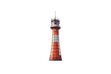 tall, weathered lighthouse with red and white striped design, standing against plain background. Its structure showcases rust and wear, evoking sense of history and resilience