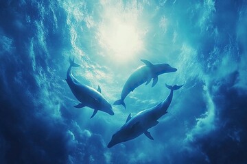 Obraz premium dauphins in blue ocean, drone fpv view.generative ai