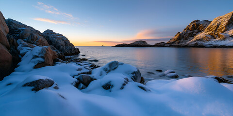 Serene Winter Sunset Over Snowy Coastline