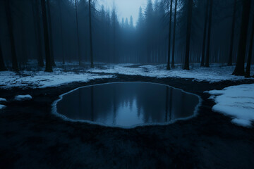 Misty Forest Pond in Winter