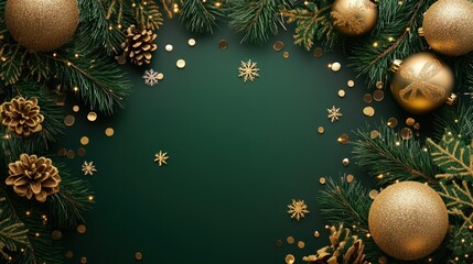 green christmas background with snowflakes and gold sequins