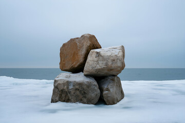 Stack of Rocks on Snowy Shoreline