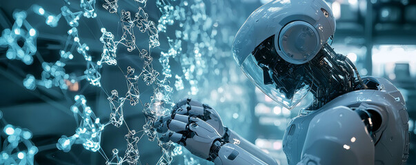 Fototapeta premium futuristic robot interacting with molecular structures in lab setting, showcasing advanced technology and artificial intelligence in pharmaceuticals