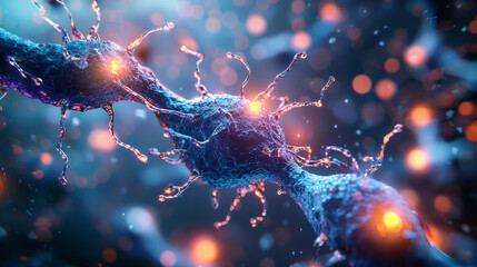 detailed illustration of neurons connected by synapses, showcasing vibrant colors and glowing effects, representing advanced technology in neuroscience
