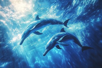 Naklejka premium dauphins in blue ocean, drone fpv view.generative ai