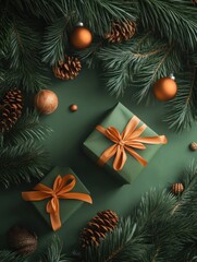 high-resolution photography of green tree branches, christmas gifts with orange ribbons and christmas decoration on a green background