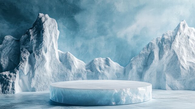 Ice podium background snow winter product platform cold mountain 3D. Podium ice display background cosmetic sky floor blue scene landscape frozen white cool stand pedestal minimal rock glacier nature