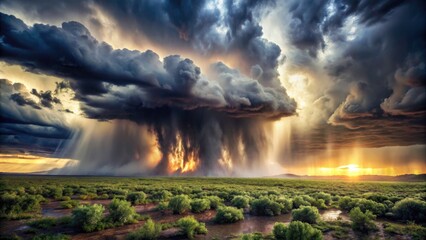 Dramatic Rain Bomb Event Illustrating Global Boiling Effects with Intense Dark Background and Lush Greenery in Distress