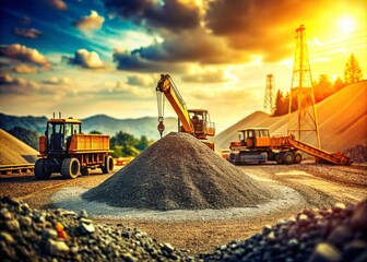 Vintage Style Construction Site with Heavy Machinery, Gravel Pile, and Roadwork Activities Captured in a Nostalgic Aesthetic for Urban Development and Infrastructure Projects