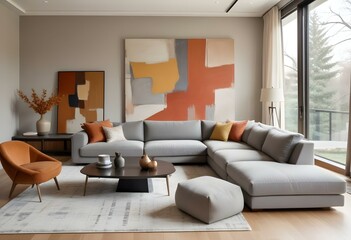 Naklejka premium Modern Minimalist Living Room with Neutral Tones.