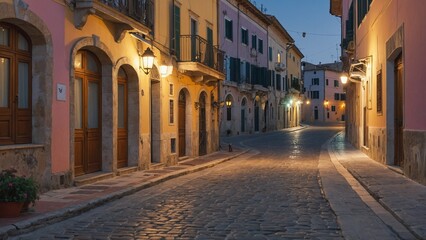 Obraz premium Quiet cobblestone street in Italian coastal town at night