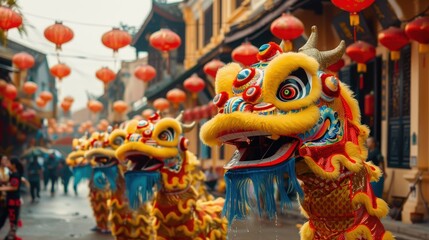 Obraz premium Cultural Celebration of Tet Festival with Dragon Dance and Lanterns Illuminating the Street Scene