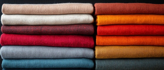 Stacked Colorful Knitted Fabric Rolls Displayed Close-Up.