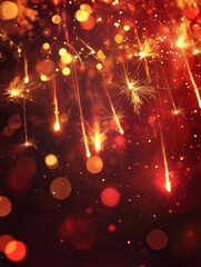 Obraz premium New Year's lights gold and dark red colors bokeh background with glowing number 2025 and fireworks. Happy New Year concept for 2025.