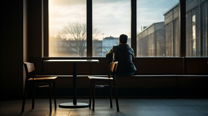 Solitary figure in modern empty cafe, staring out window with distant look, symbolizing social loneliness and introspection in urban life.