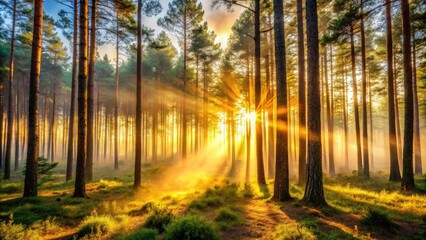 Obraz premium Enchanting Golden Hour Sunlight Breaking Through Pine Trees in Misty Forest - Surreal Photography of Nature's Beauty with Ethereal Light and Tranquil Atmosphere