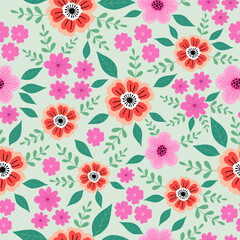 Seamless pattern with colorful flower blossom garden. Cute hand drawn floral pattern for your fabric, summer background, wallpaper, backdrop, textile.	