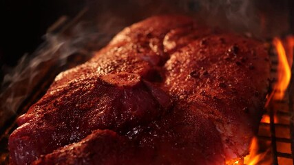 Close-up of Meat being grilled on barbecue grill. large piece of meat sprinkled with fragrant spices and herbs lies on grill. picnic outside in summer evening. cooking meat steaks in a barbecue flame