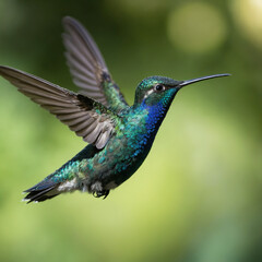 Obraz premium A vibrant hummingbird in mid-flight, showcasing its iridescent plumage and delicate wings. The bird is captured against a blurred green background, highlighting its vibrant colors.