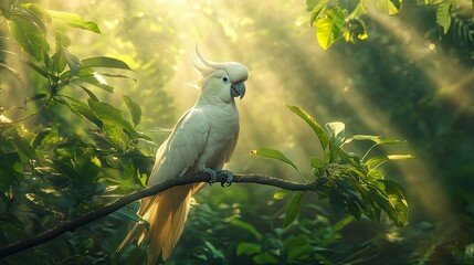 Elegant White Cockatoo Bird Perched on a Tree Branch in a Tropical Rainforest with Lush Green Foliage and Bright Sunlight Filtering Through photography.generative ai