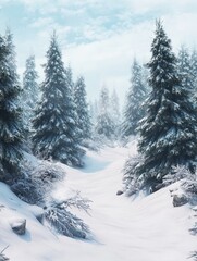 PNG A snowy landscape with many pine trees covered in snow pines scenery nature.