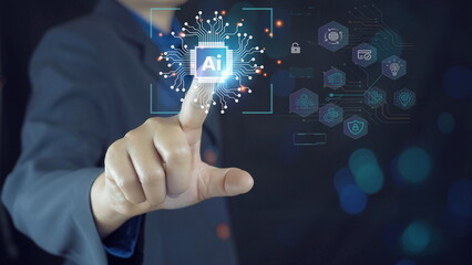 chat with ai and Ai artificial intelligence concept. man using smart robot technology on hand. Show future technology for entering command to create something. To help and improve work efficiency