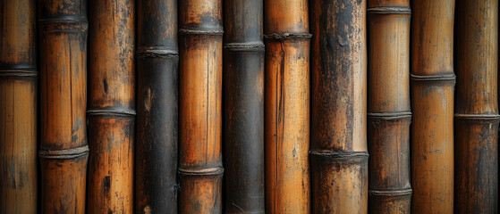 Fototapeta premium A Captivating Wall of Weathered Bamboo Poles.