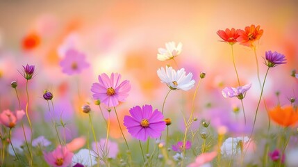 Charming wildflower landscape filled with a rich tapestry of colorful blooms, highlighted by warm sunlight and soft skies, inviting viewers to immerse in the peaceful essence of nature's floral beauty