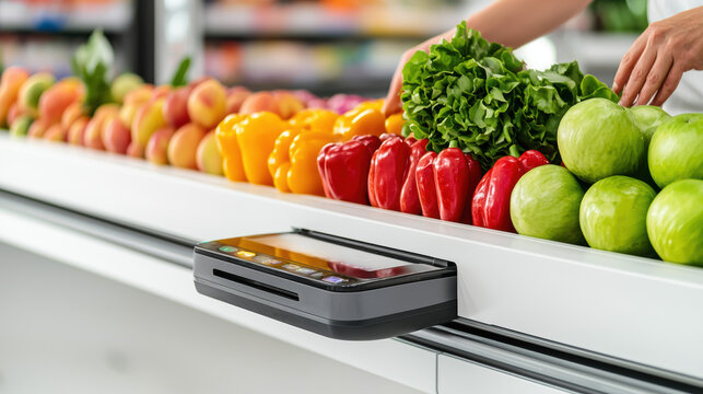 A colorful display of fresh fruits and vegetables at a checkout counter, showcasing healthy produce and modern technology in a grocery setting. - Powered by Adobe