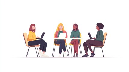 Four diverse women working on laptops in a circle.