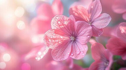 Obraz premium Tranquil Garden Scene: Vibrant Pink Flowers Glowing in Soft Sunlight, Enhanced by a Dreamy Bokeh Effect, Perfect for Representing Spring's Beauty and Nature's Serenity in Photography