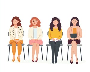 Obraz premium Four women sitting on chairs waiting in a row.
